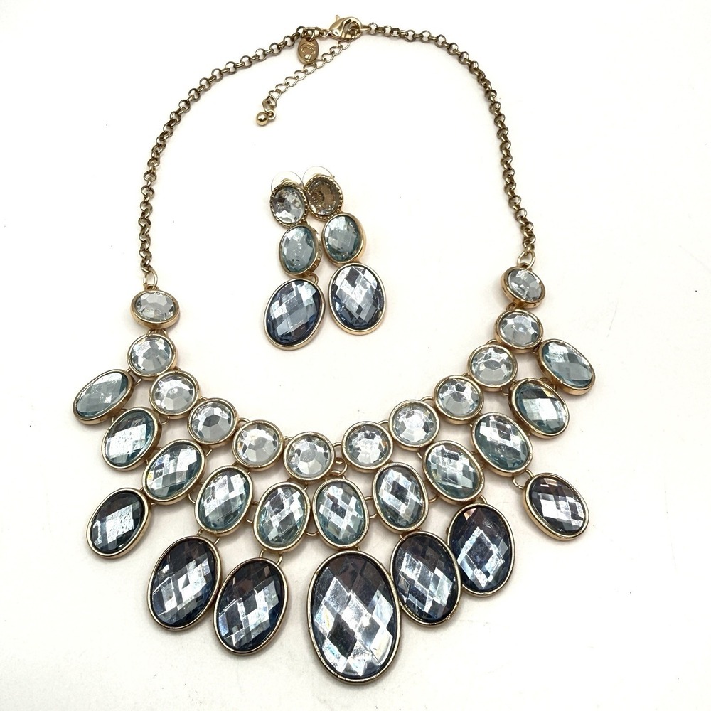 Charming Charlie Bib‎ Necklace & Earrings w/ Blue Gray Acrylic Rhinestones